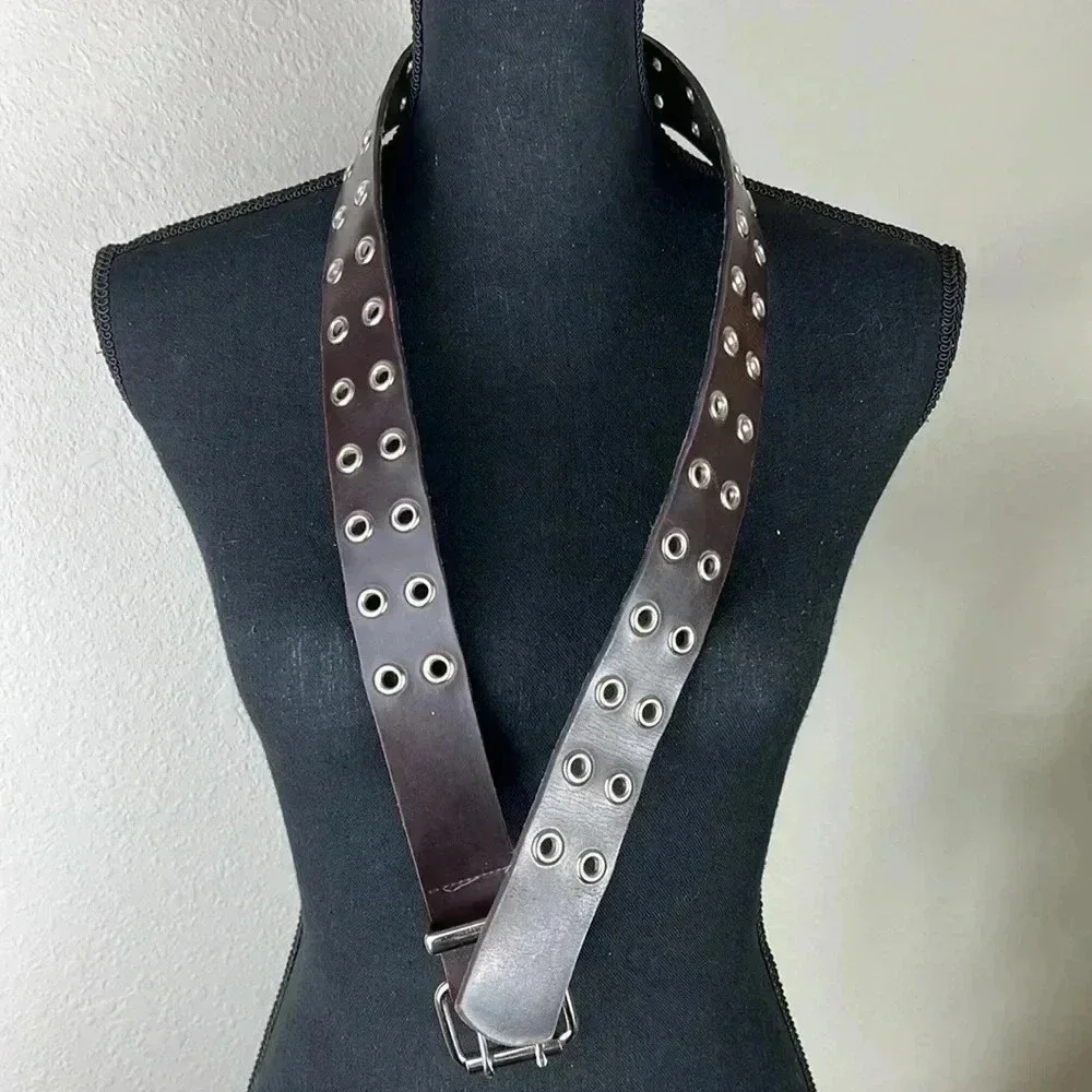 Brown Vegan Leather Double Silver Tone Grommet and Buckle Belt Large